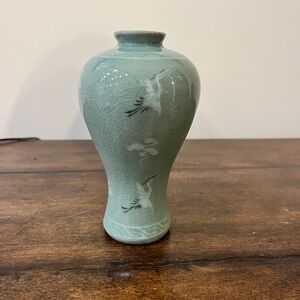 Vintage Korean Celadon Green Ceramic Vase with Crane Motif